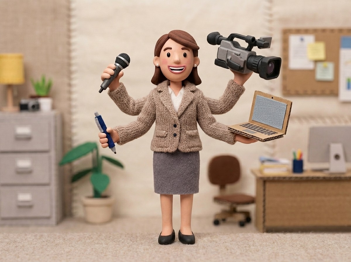 Clay style illustration of a marketer juggling a camera, microphone, laptop, and pen, representing the many tools and roles required to create onboarding and product videos.