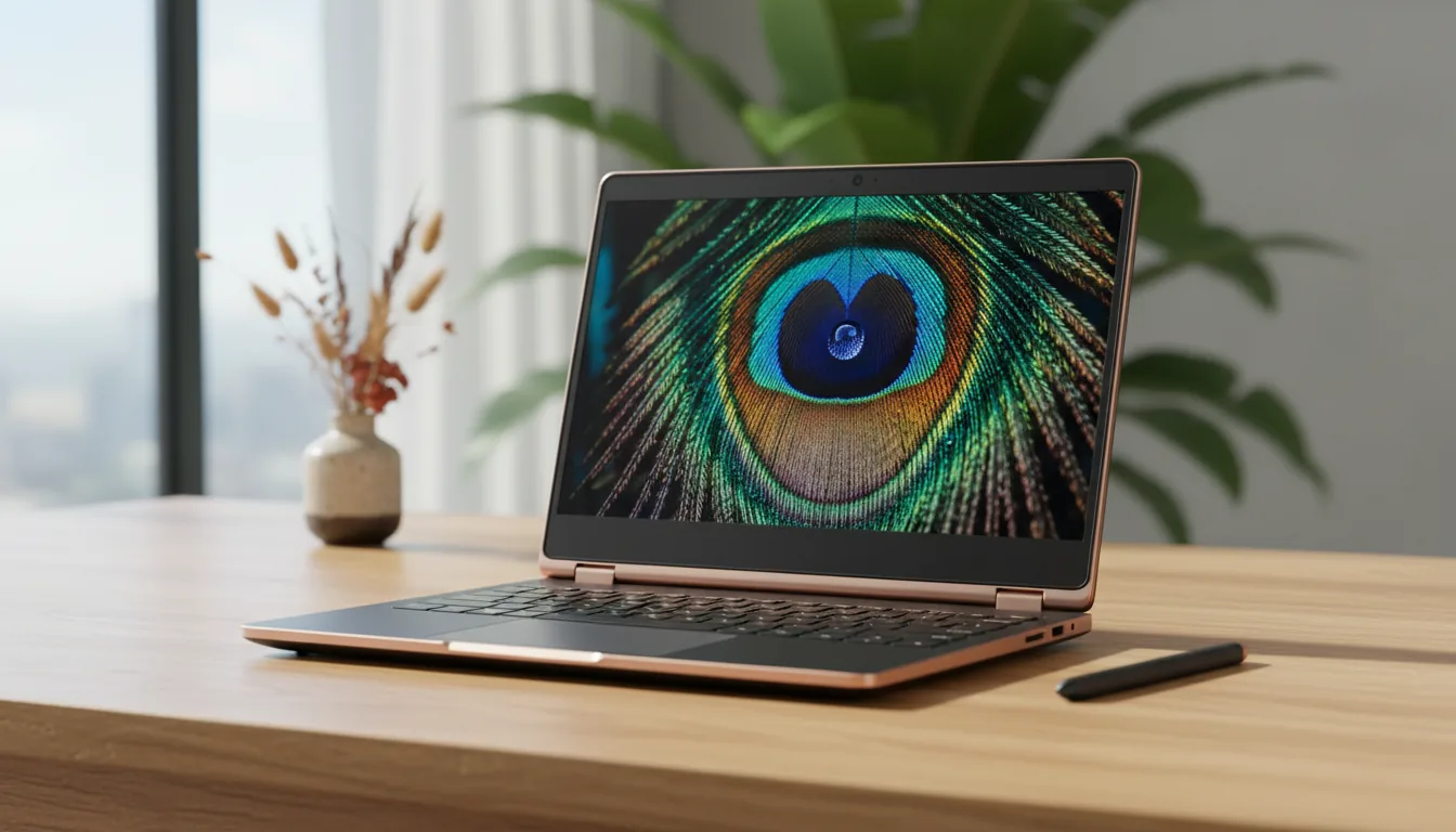 DSLR product photography of a premium convertible laptop with a dark chassis and rose-gold accents, sitting open on a light wood desk. The laptop screen displays a vibrant, high-resolution macro wallpaper of a peacock feather with iridescent blue, green, and brown colors and a single water droplet. A black stylus pen lies on the desk beside the laptop. The scene is illuminated by bright natural daylight from a large window, creating a soft bokeh background. In the background, a lush green houseplant and a small vase with dried flowers are visible. Shallow depth of field, with sharp focus on the laptop.