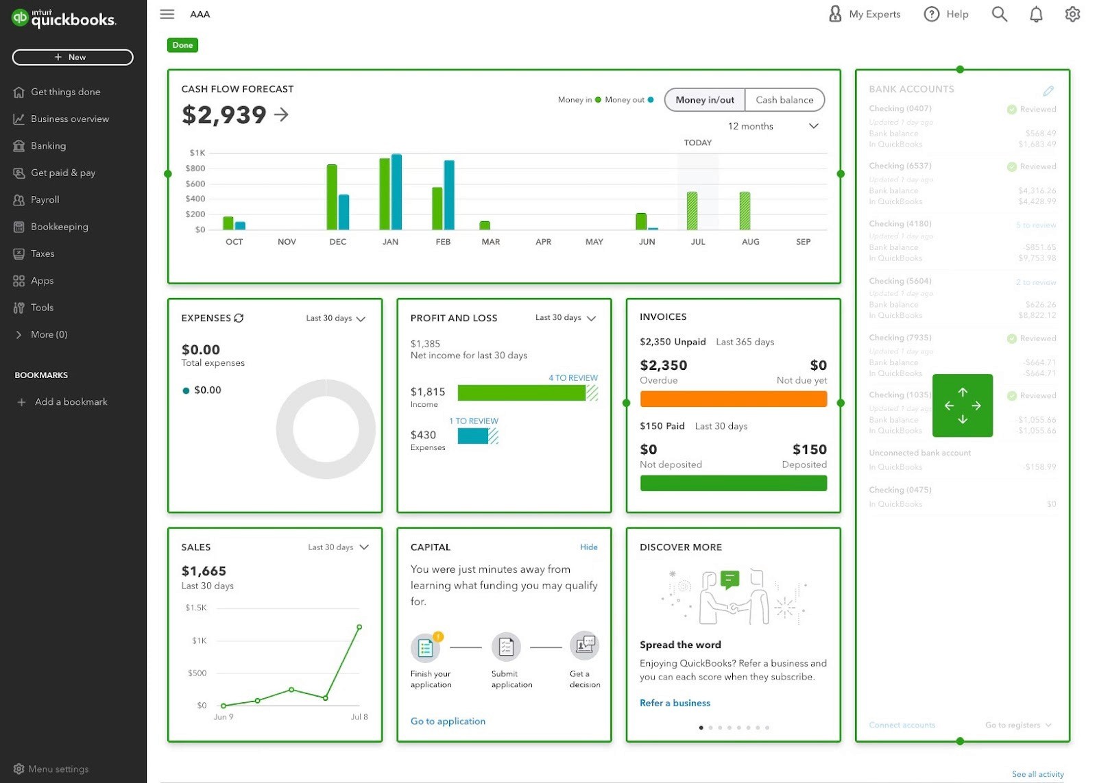 QuickBooks Online dashboard — cloud based accounting software for small businesses