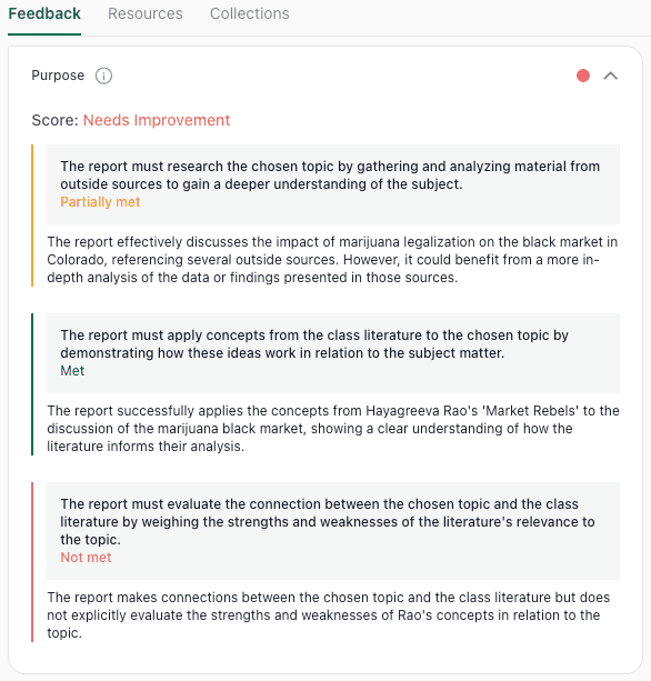 A screenshot of the thesify feedback interface under the "Purpose" section. It shows a "Needs Improvement" score with detailed criteria status: "Partially met" for researching the topic with outside sources, "Met" for applying class literature concepts, and "Not met" for evaluating the connection between the topic and class literature.