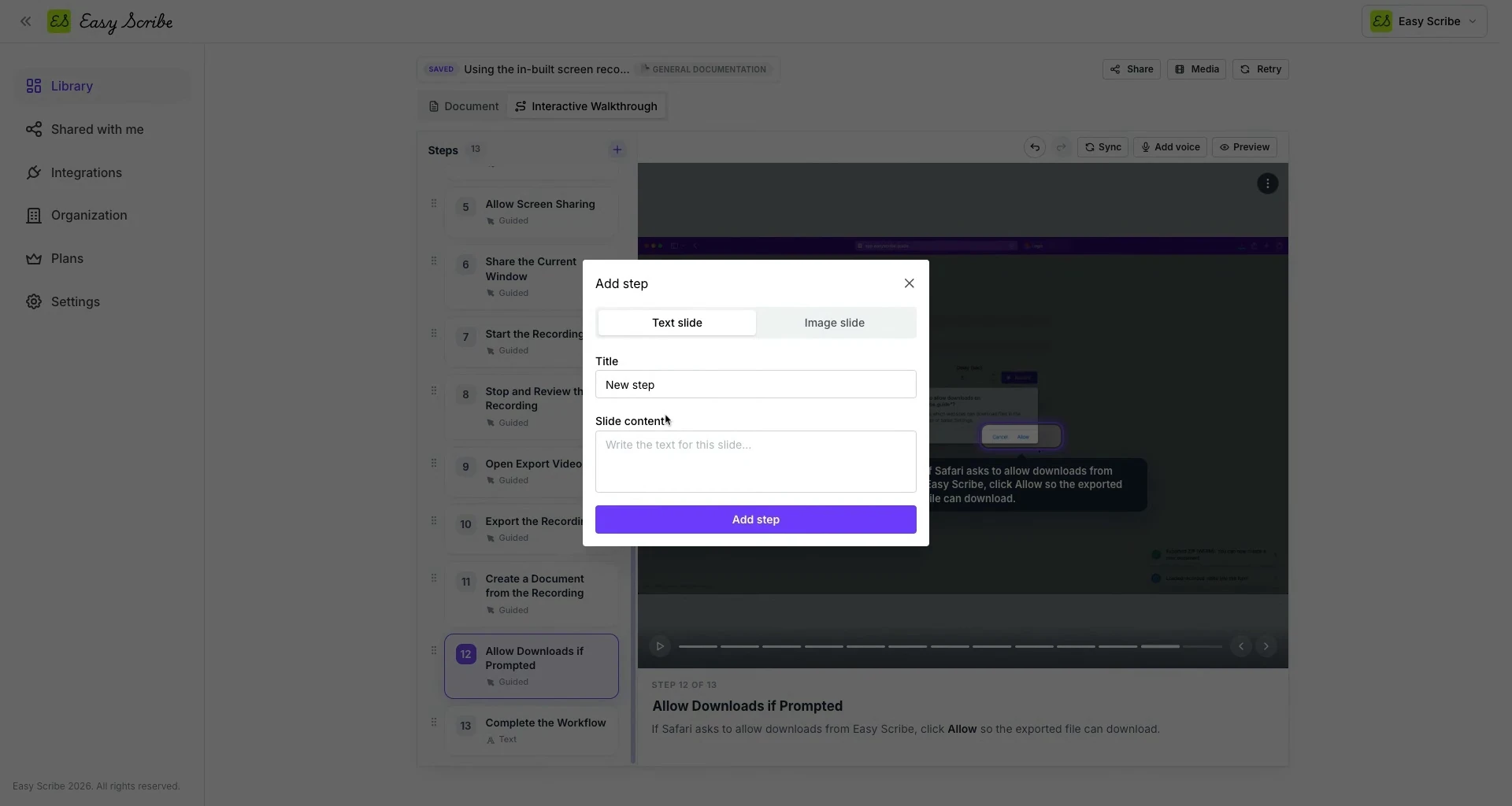 Add step dialog in the walkthrough editor