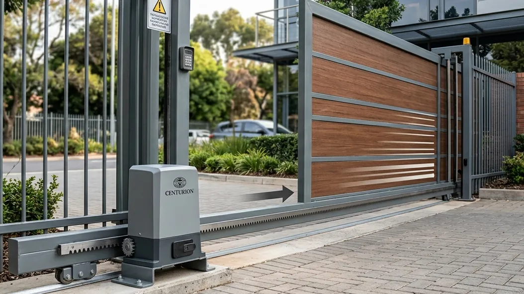Automatic sliding gate opener system with motor and rack mechanism