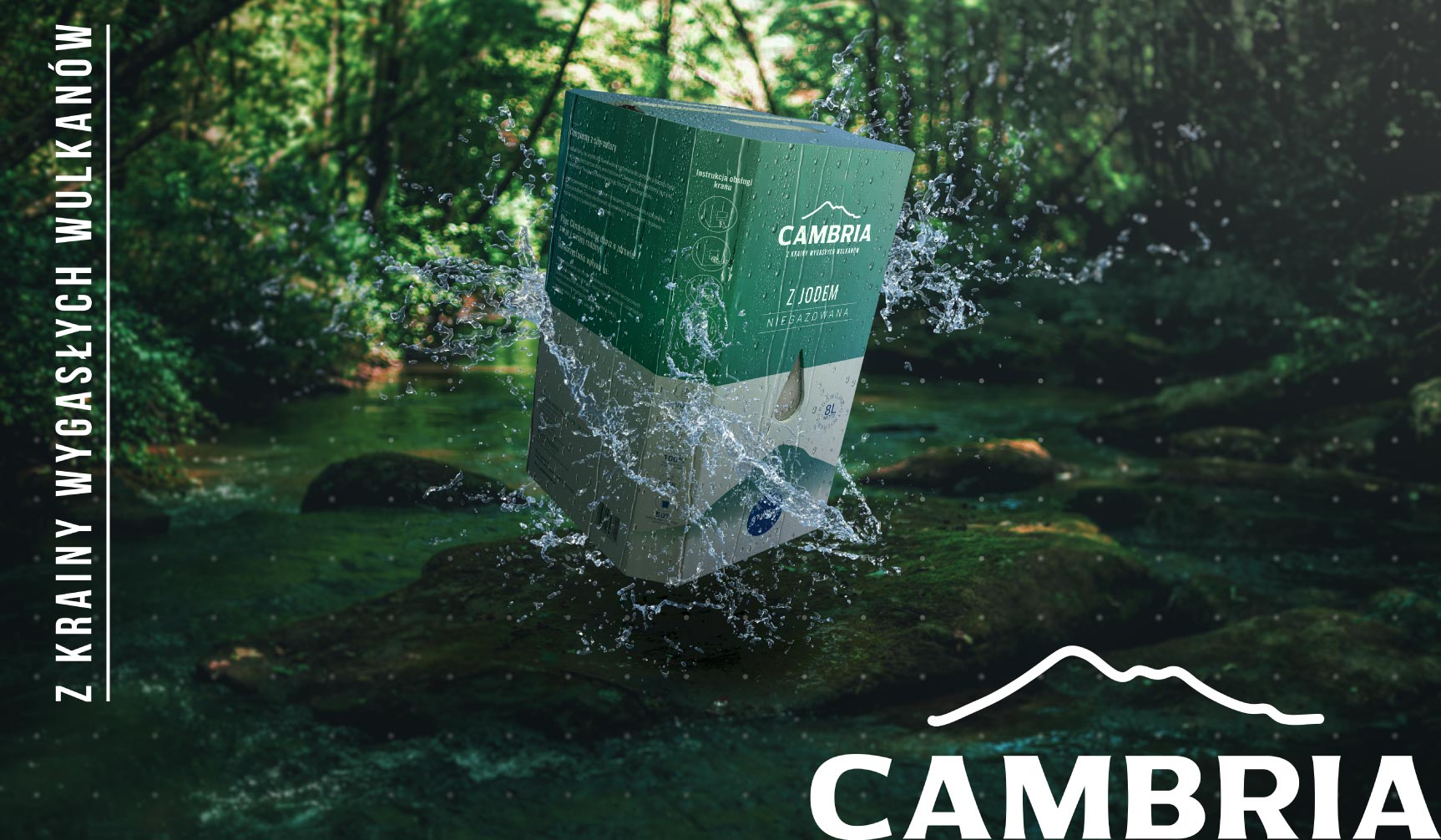 Kreatywna wizualizacja reklamowa produktu – rendering opakowania w naturalnym środowisku wodnym.