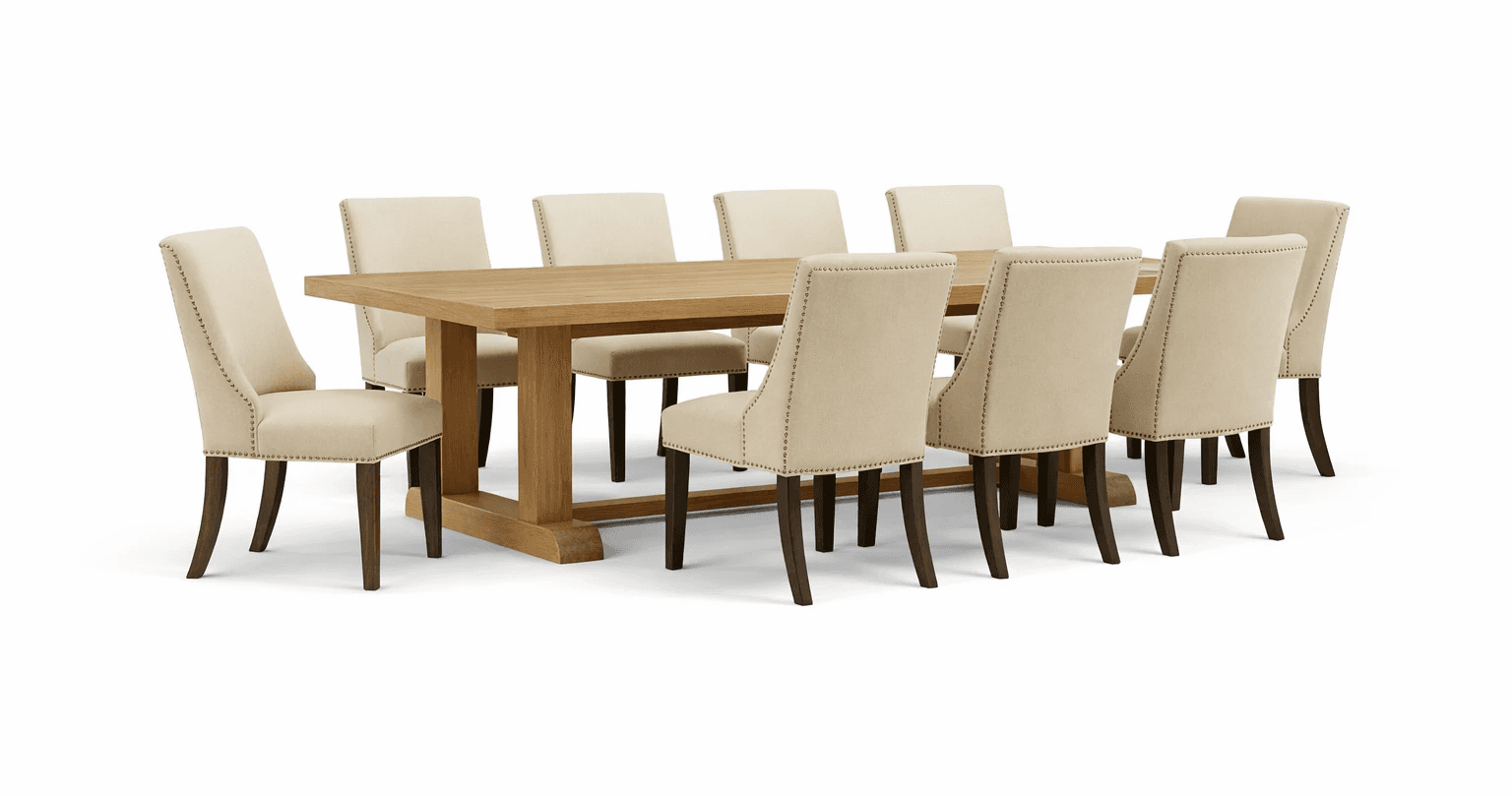 Rectangular solid wood dining set with high‑back upholstered chairs arranged for larger group dining