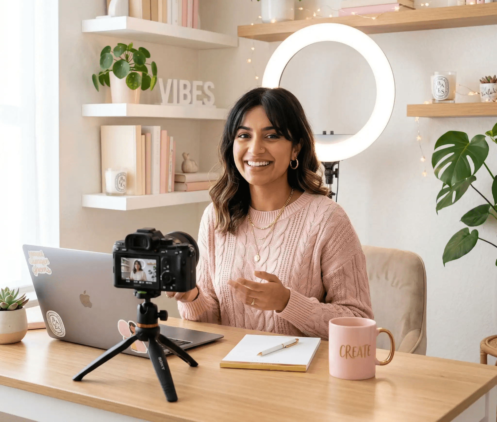 n AI-generated image of a smiling woman recording a vlog with a camera and ring light in a cozy, aesthetic home studio, used as a strategic example of an AI Influencer by AI Strategist Mahendra R.