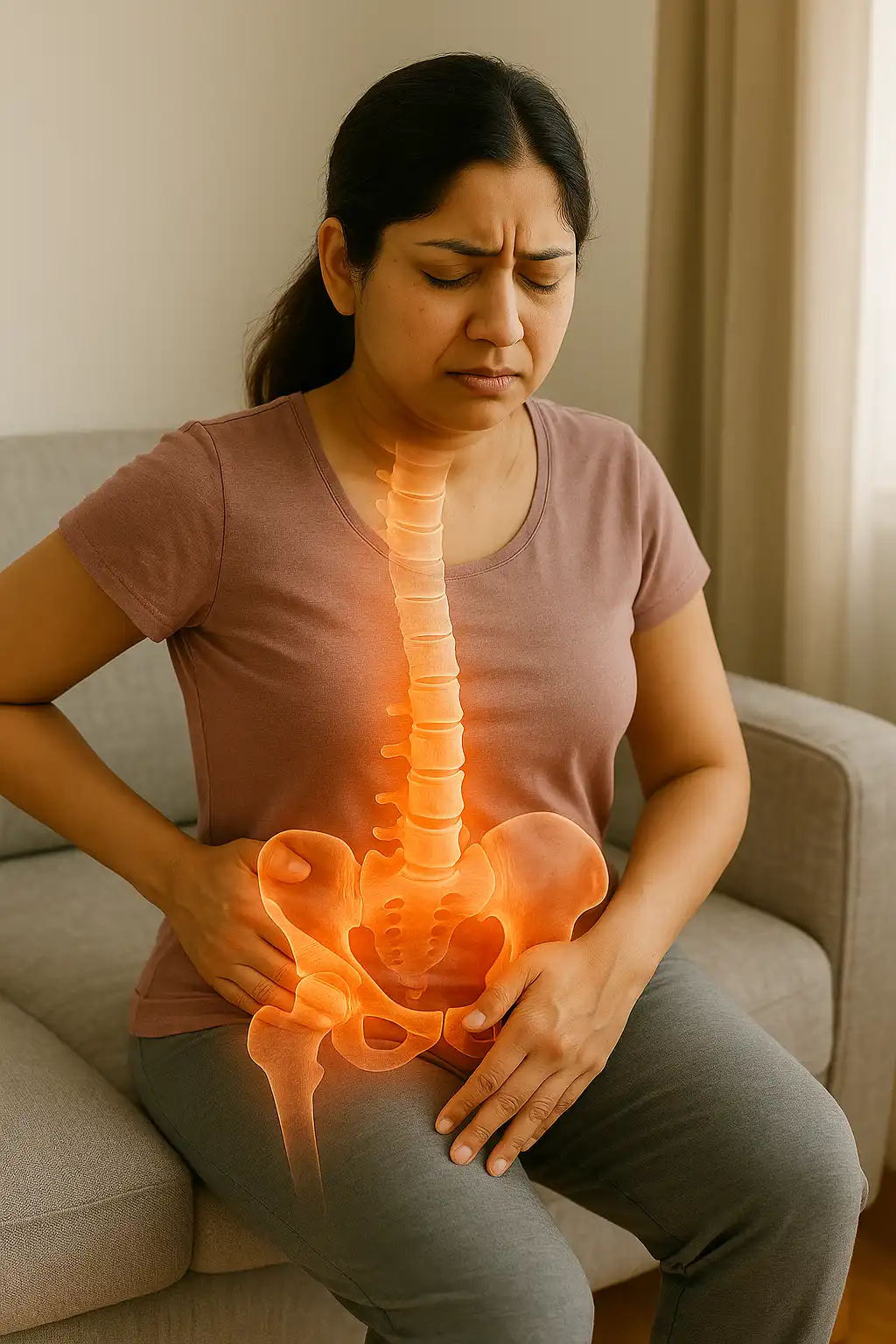 A woman sitting on a couch with a pained expression, holding her pelvic area, with an illustrated glowing spine and pelvis overlay highlighting pelvic discomfort.