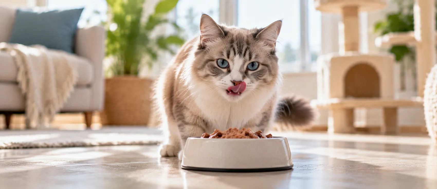 Fluffy cat eating from a food bowl on the kitchen floor.