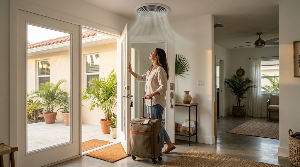 Homeowner noticing a musty smell from the AC vent after returning to a closed-up Florida home