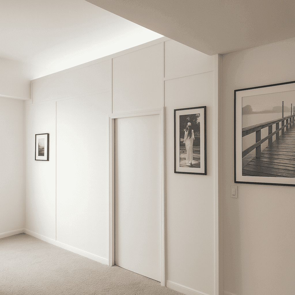 Completed renovation of white kitchen and blue coach for living room