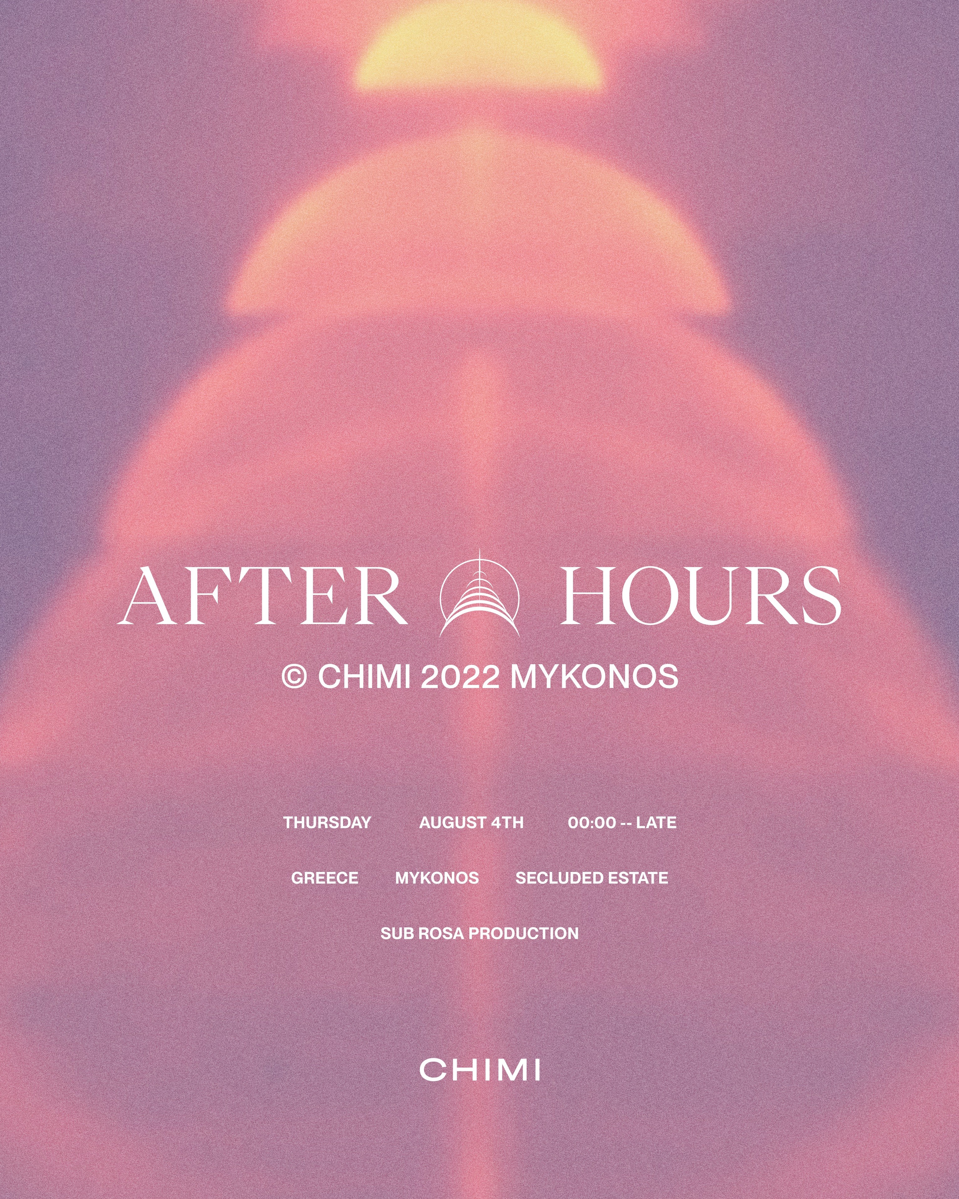 CHIMI After Hours Mykonos invitation with a glowing sunset image and fine white typography
