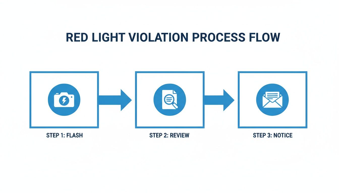 Flowchart illustrating the red light violation process flow, including flash, review, and notice steps.