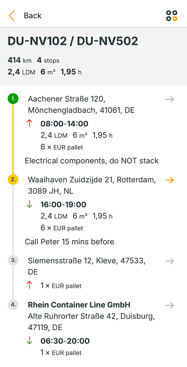 Planlogi driver app showing a trip manifest with four stops