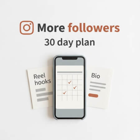 Thumbnail showing a smartphone calendar and “More followers” 30 day plan with Reel hooks and bio cards for the Instagram Follower Magnet Kit prompt pack for menopause coaches