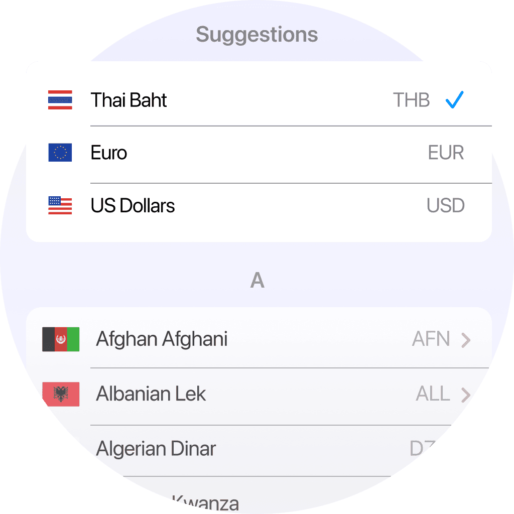 Currency selection for a trip expense