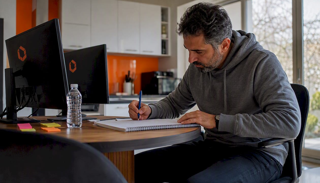 Developer planning milestones on paper at desk