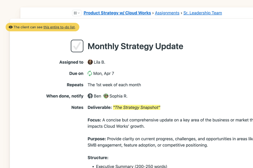 An assignment description for a monthly executive update