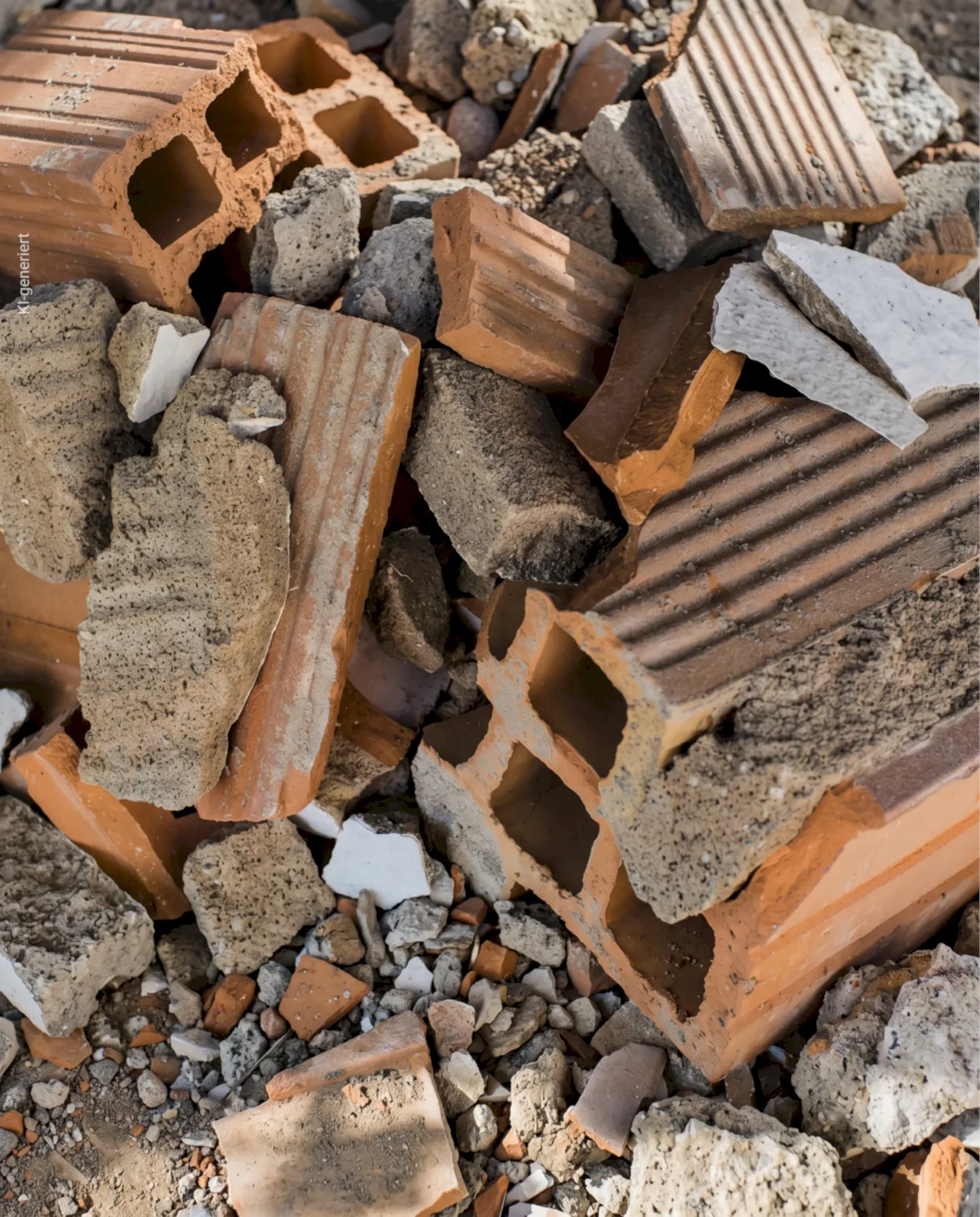 Nahaufnahme von recyceltem Bauschutt aus Ziegeln, Beton und Porenbeton