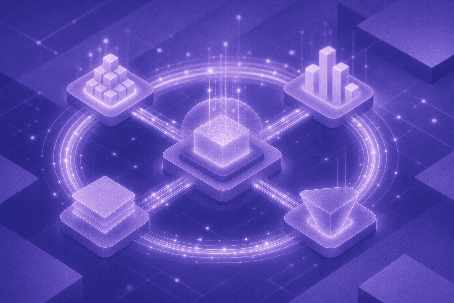 A futuristic digital workflow diagram showing an autonomous AI agent pipeline: glowing nodes connected by flowing data streams, representing signal detection, research, outreach, and qualification stages in a circular loop. Abstract tech visualization with blue and purple gradients, circuit-like connections, and pulsing data points floating in a dark digital space. No text, no letters, no words.