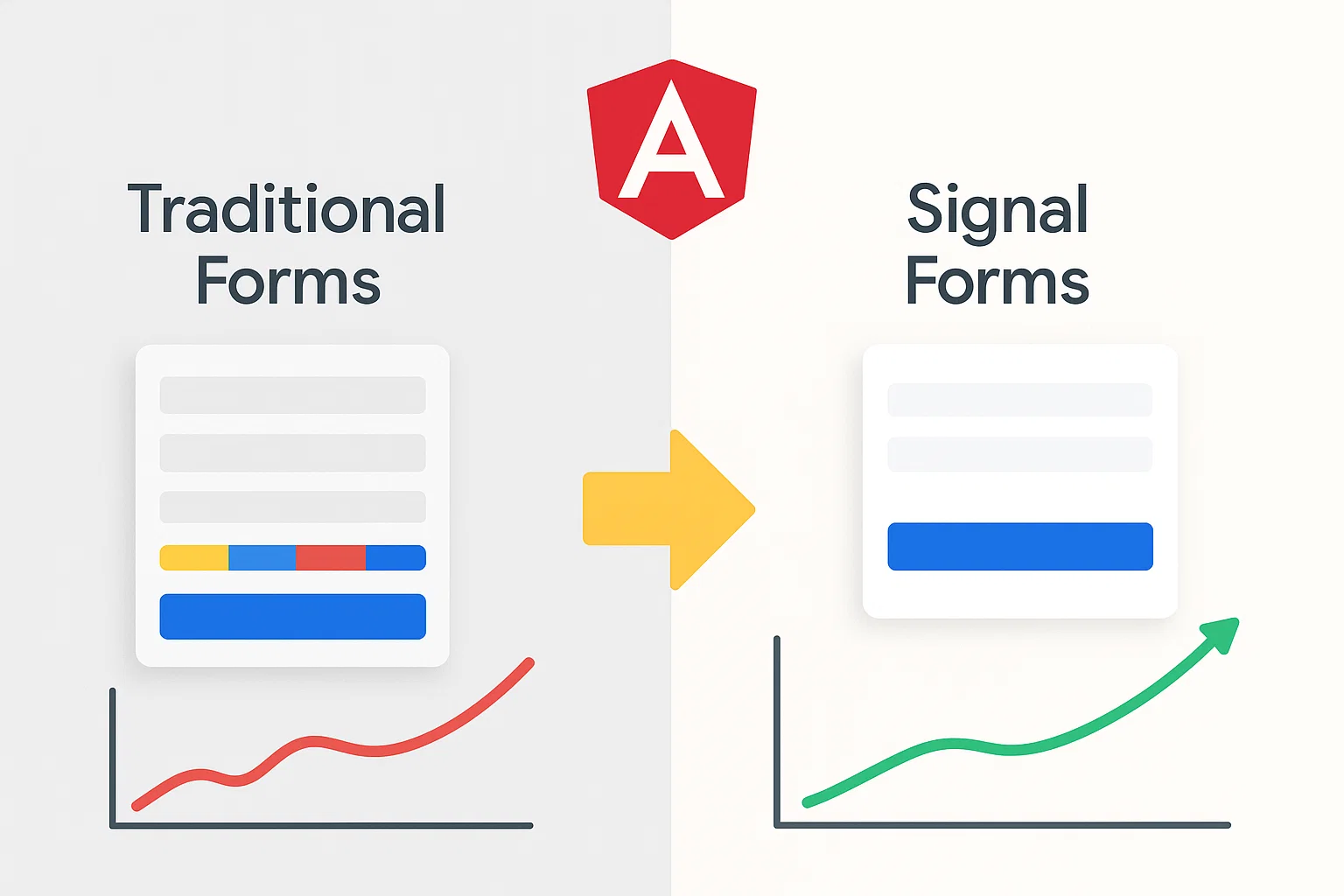 Comparison of Angular traditional forms and new signal-based reactive forms showing simplified dynamic form management.
