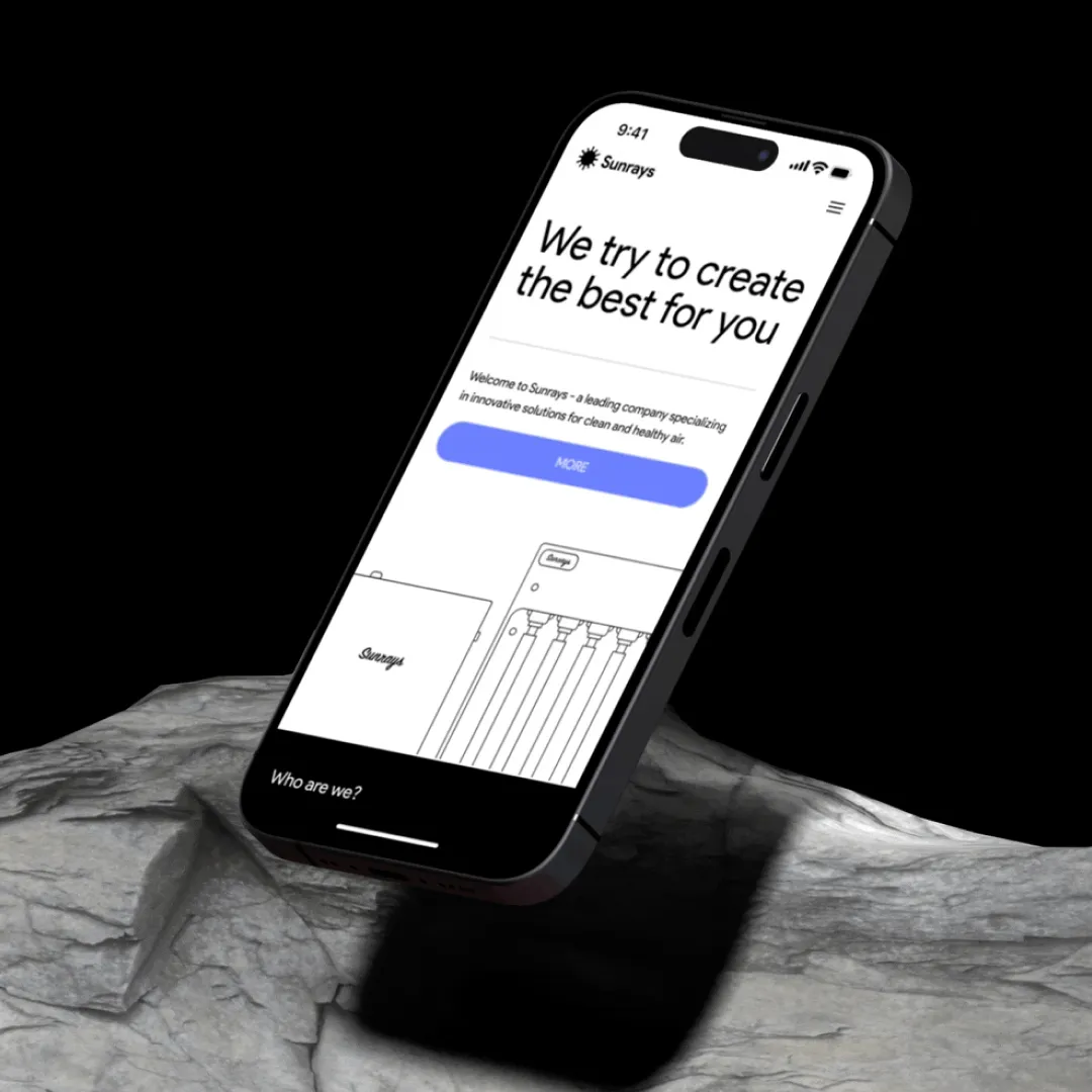 Sunrays mobile website UI mockup on smartphone with clean air solutions landing page