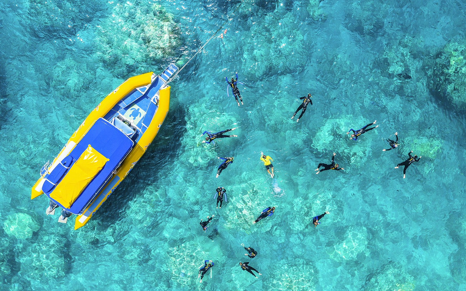 שנורקלרים ליד סירה צהובה במים צלולים של הווייטסנדייז, אוסטרליה.