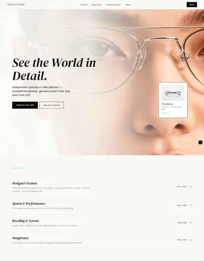 Warm white and mint optician website with DM Serif italic headline and floating frame card