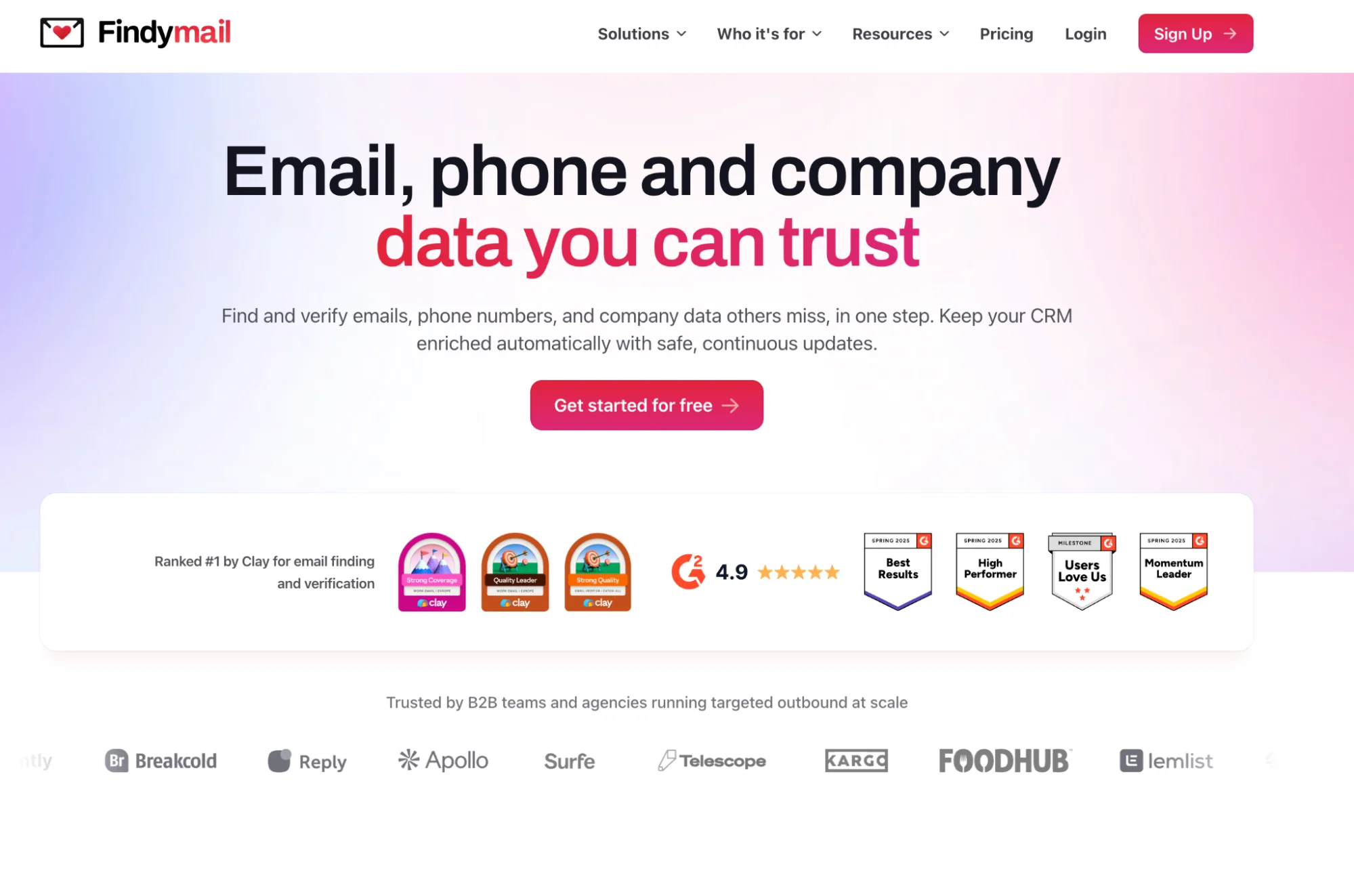 Findymail homepage: verified B2B email finding and enrichment