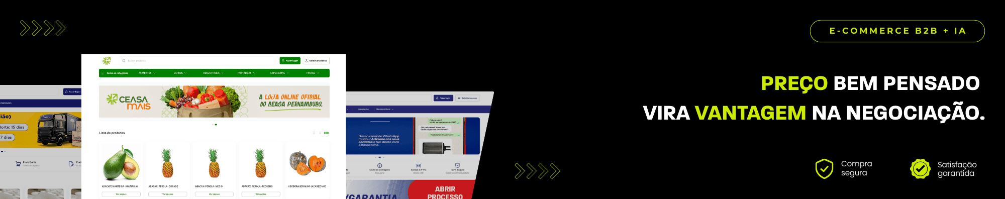 Banner horizontal com fundo escuro, ícones de segurança e satisfação, e imagens de lojas B2B exibidas à esquerda. Elementos gráficos em verde destacam o tema de e-commerce B2B com IA.