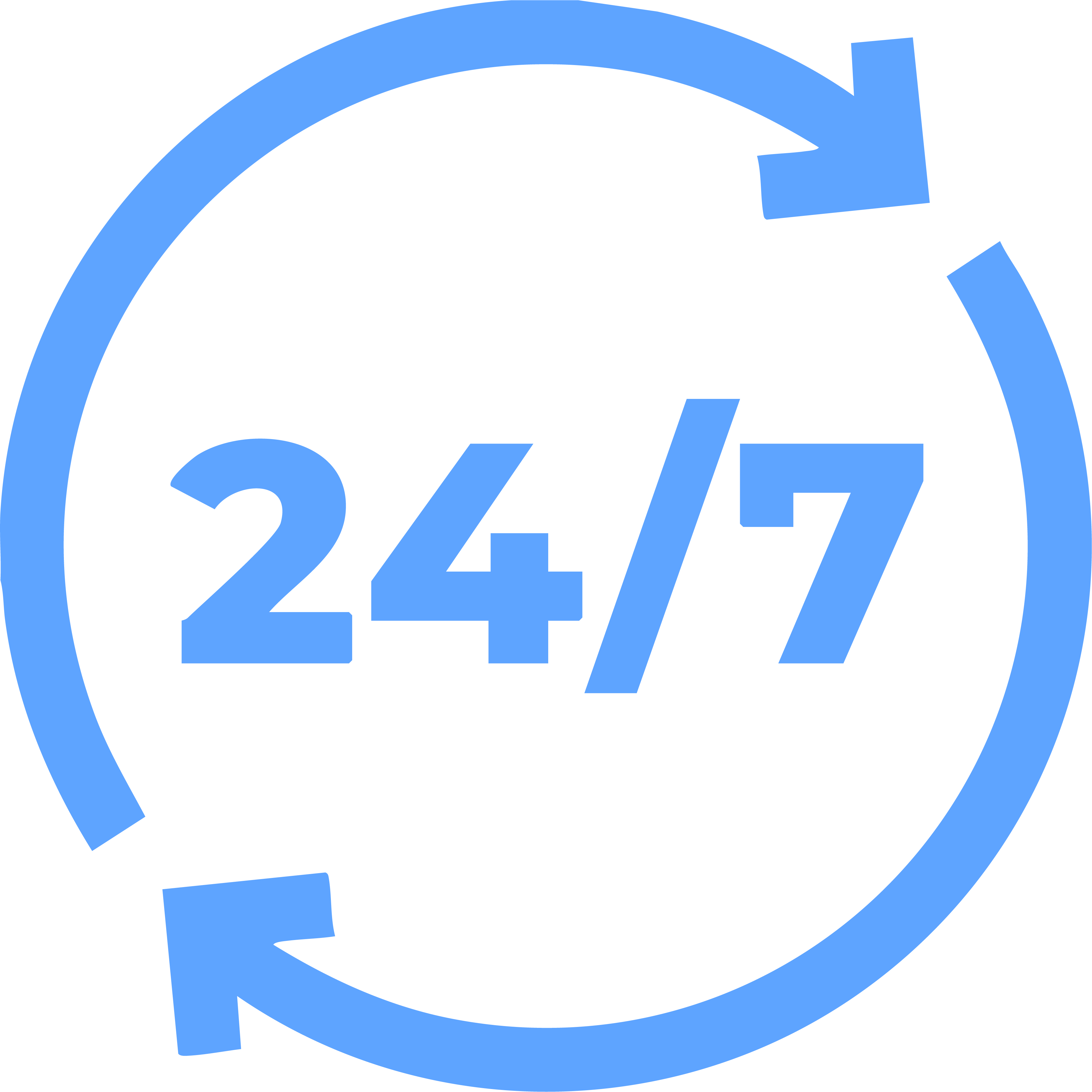 Blue line icon of a circular 24/7 service symbol.