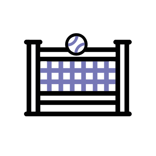 Icon eines Padelnetzes mit Ball in periwinkle und Schwarz – minimalistisches Symbol für den Sport und die Ausstattung bei Padelnero.