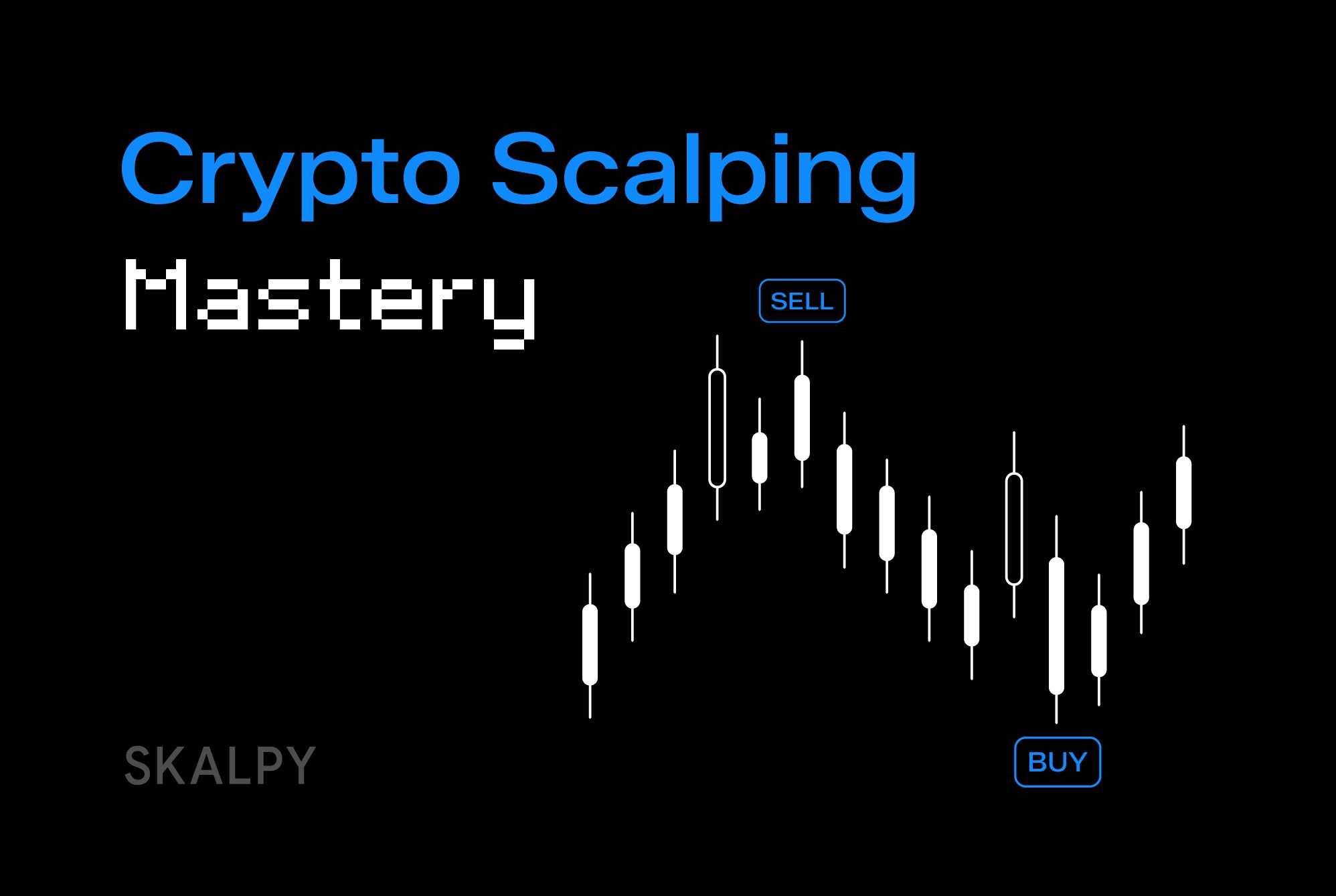 Cryptocurrency scalping guide cover for active traders, featuring fast-paced chart analysis and short-term trades using the Skalpy app.