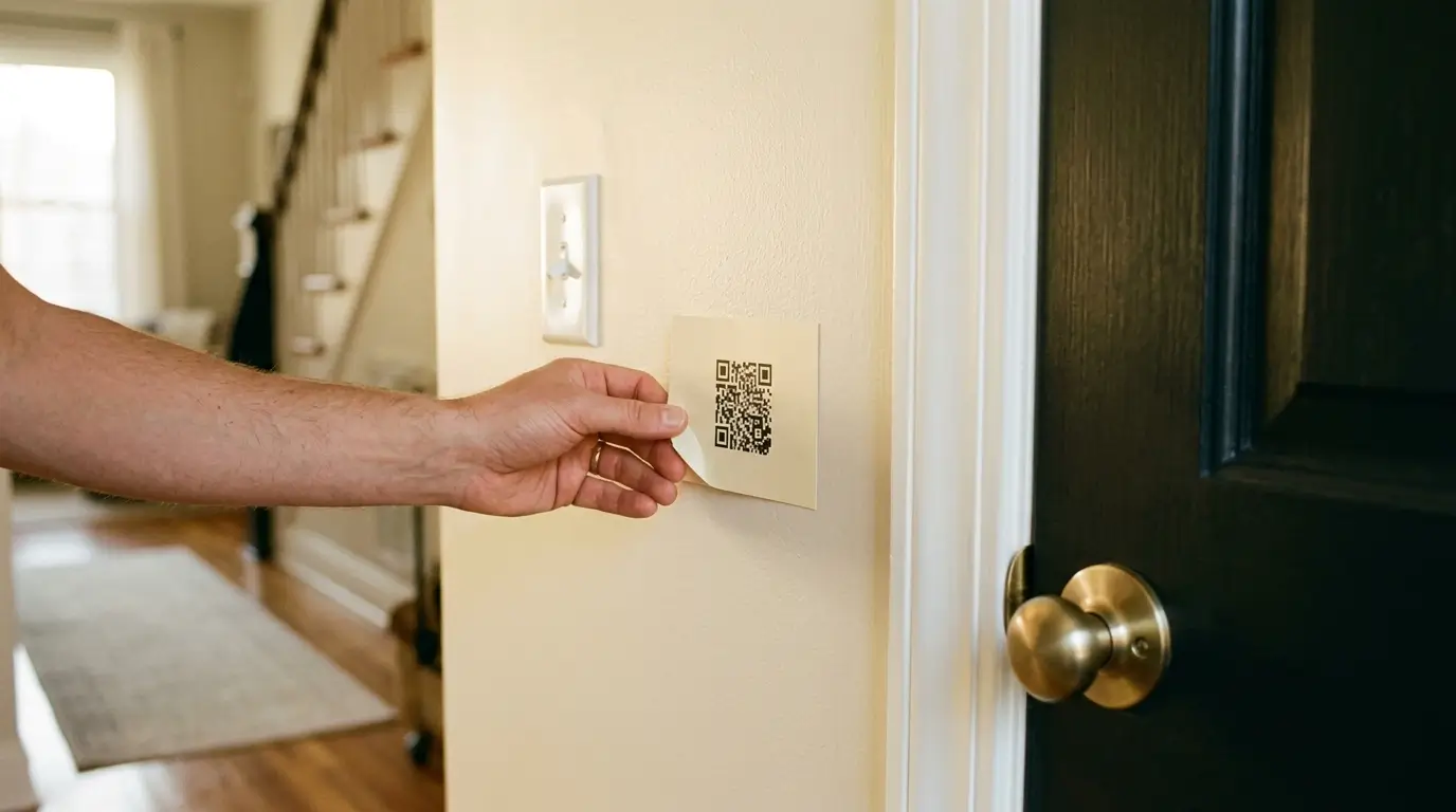 A hand lifting a small printed card carrying a square scan code away from a clean painted wall beside a front door.