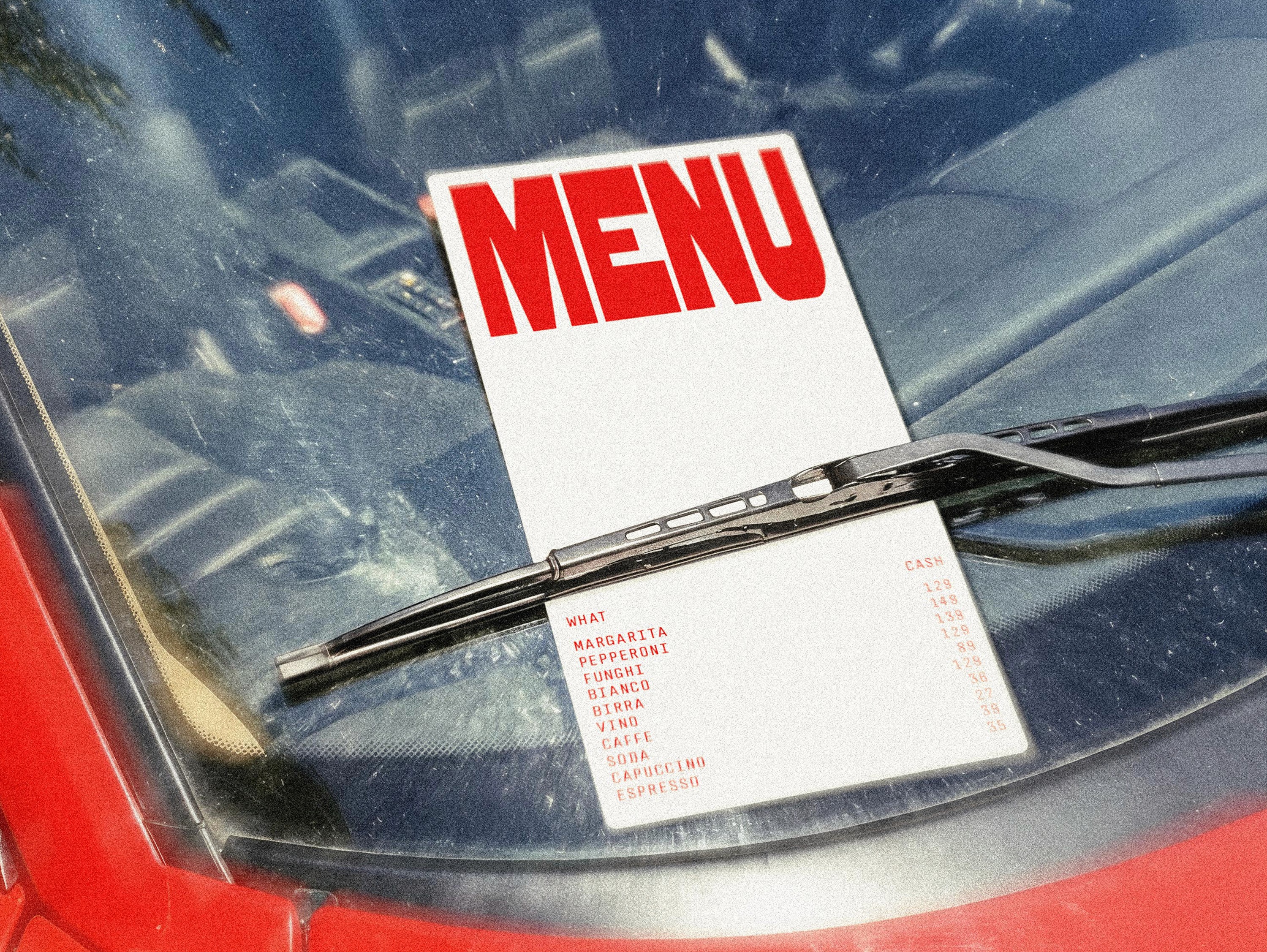Baked menu on car window
