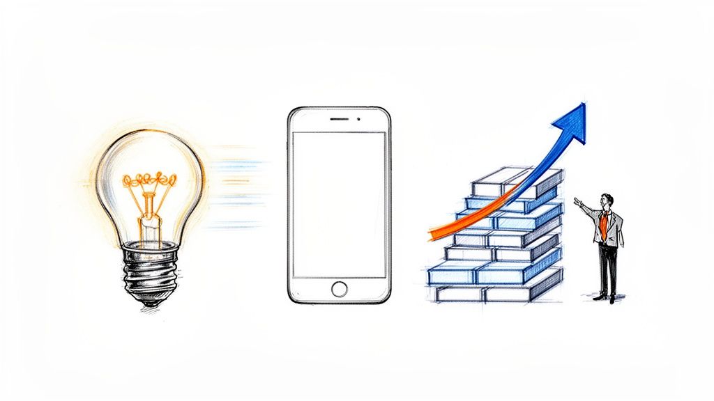 Illustration: a light bulb, a smartphone, and business growth steps with an upward arrow.