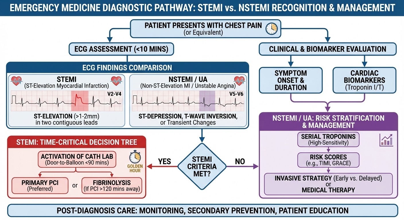 STEMI vs NSTEMI diagnostic flowchart for Step 2 CK emergency medicine
