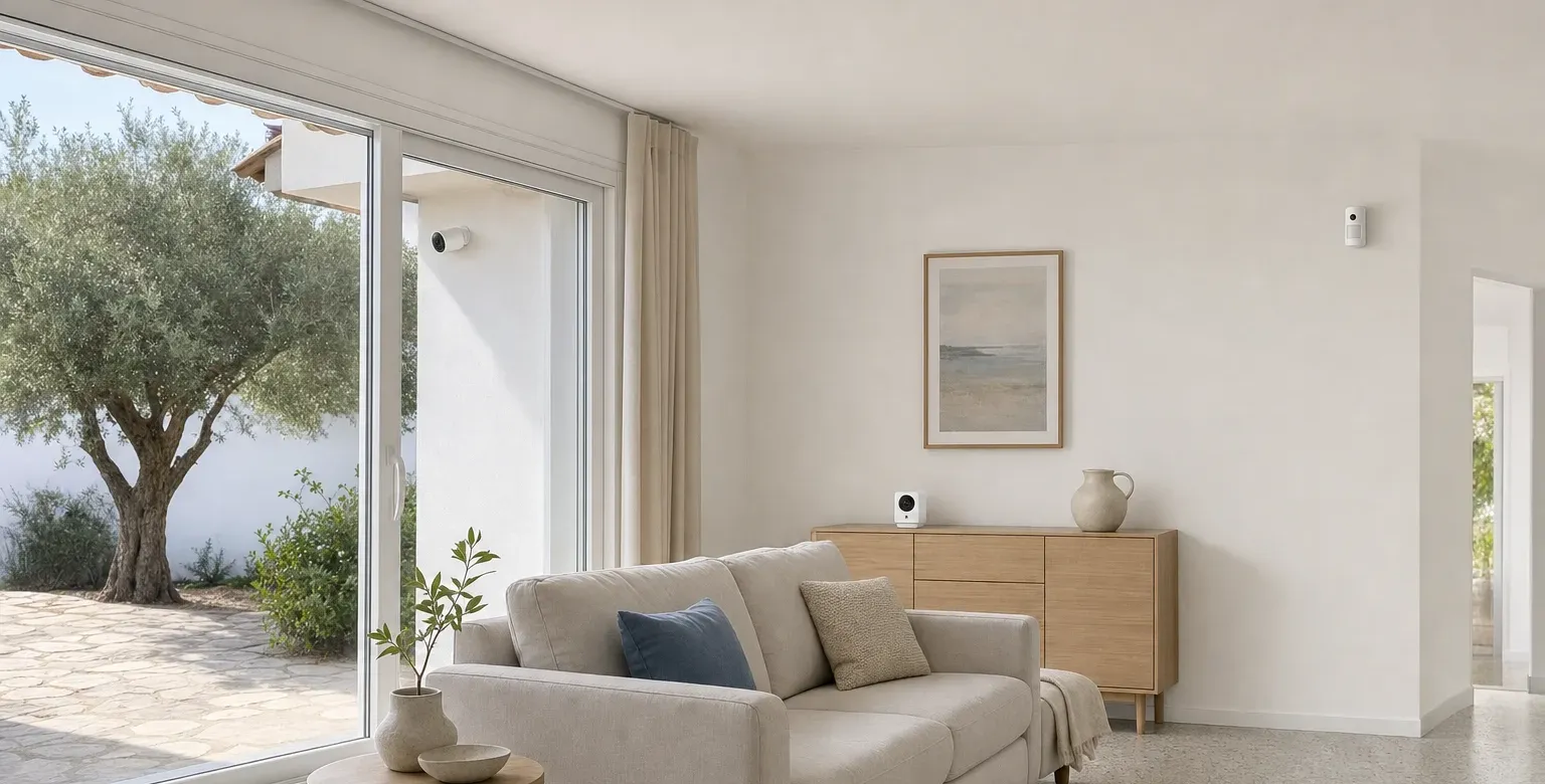 Alarma con cámaras de seguridad en Tarragona: salón con detector con cámara, cámara Full HD y cámara exterior