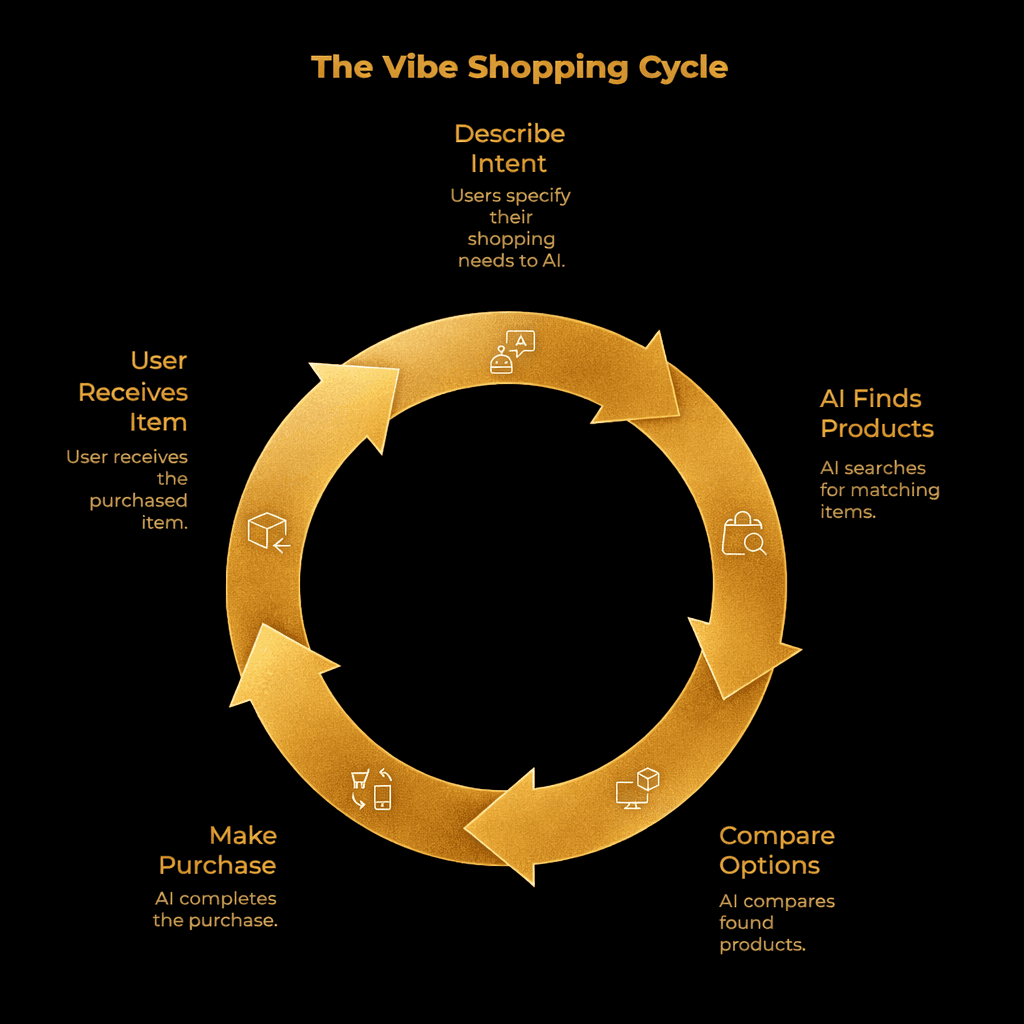 Circular diagram showing the vibe shopping cycle where users describe intent, AI finds and compares products, completes the purchase, and delivers the item.
