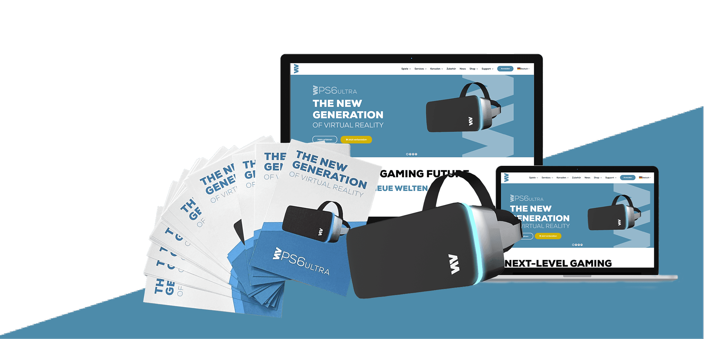 Neue visuelle Sprache von PlayStation in Form von Flyer, Website und Produkt