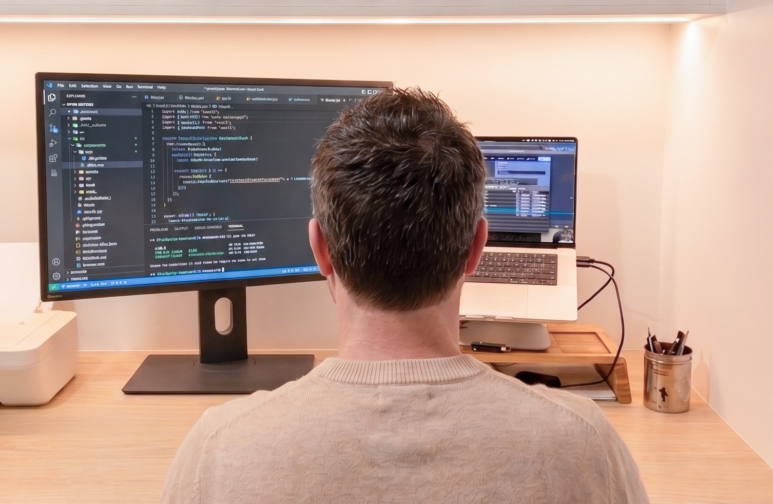 Man coding at a desk with dual monitors displaying programming code.