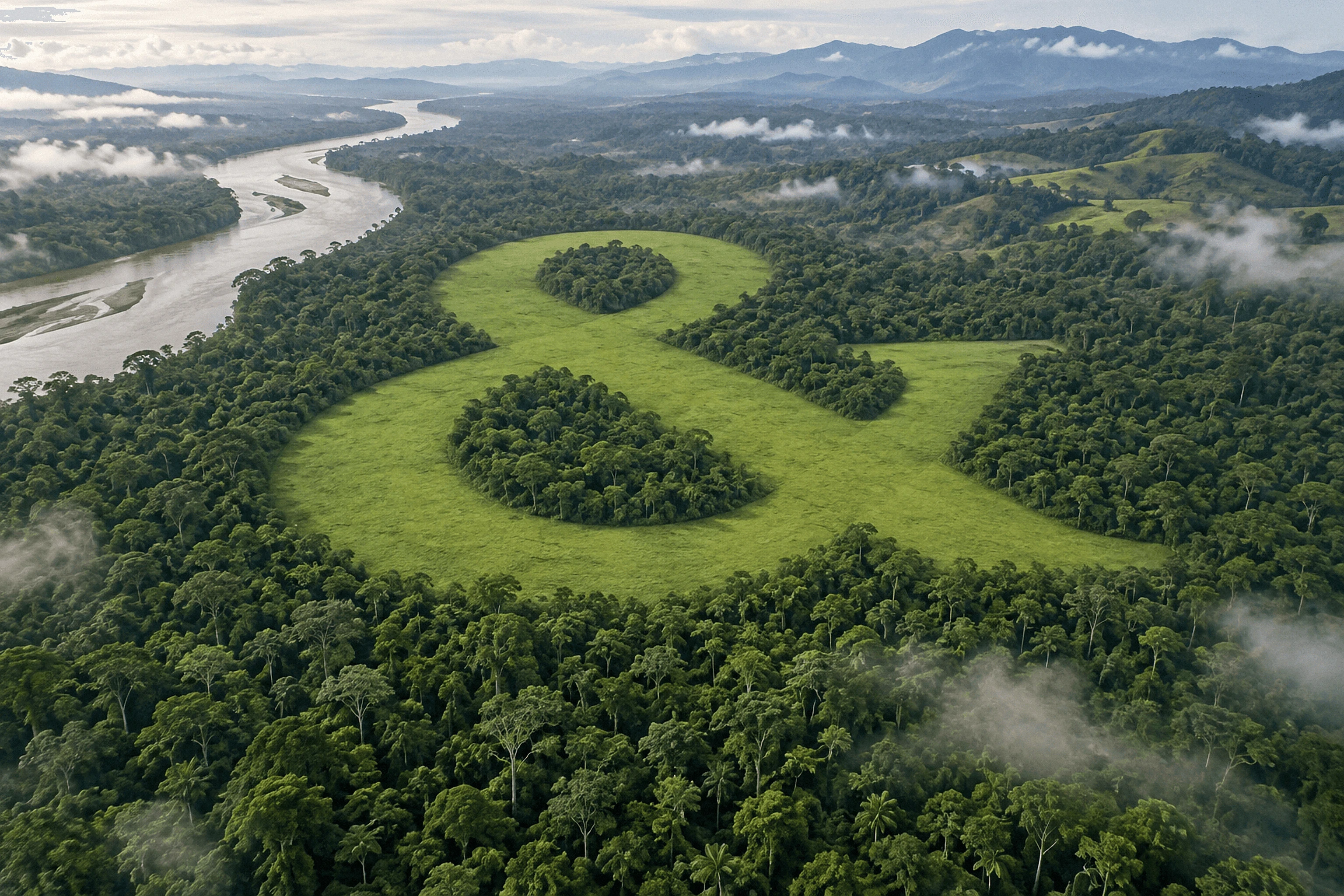 Aerial view of a river winding through green forest and meadows in morning mist