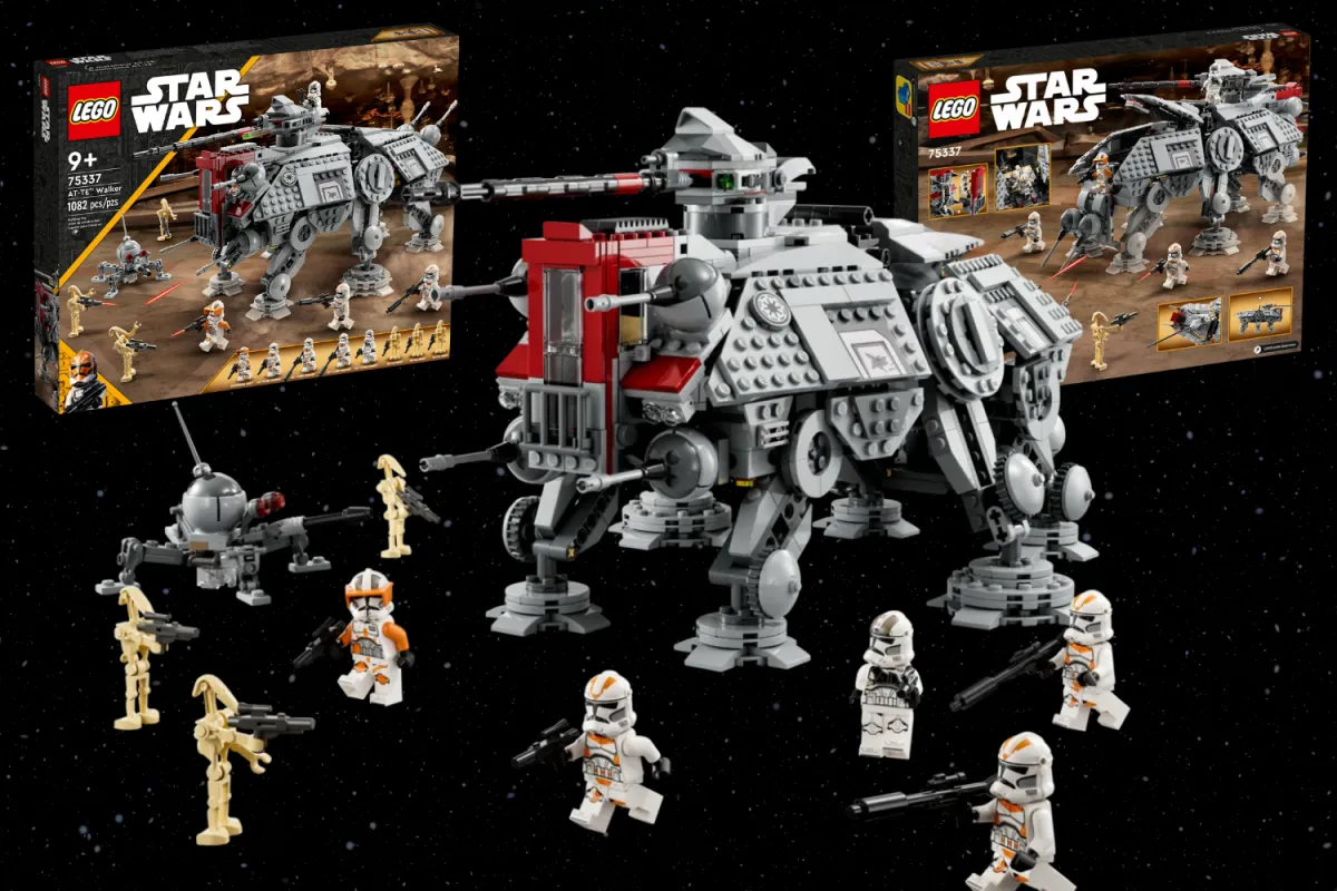 The LEGO AT-TE Walker set, featuring a detailed build, box art, and minifigures of clone troopers and battle droids.