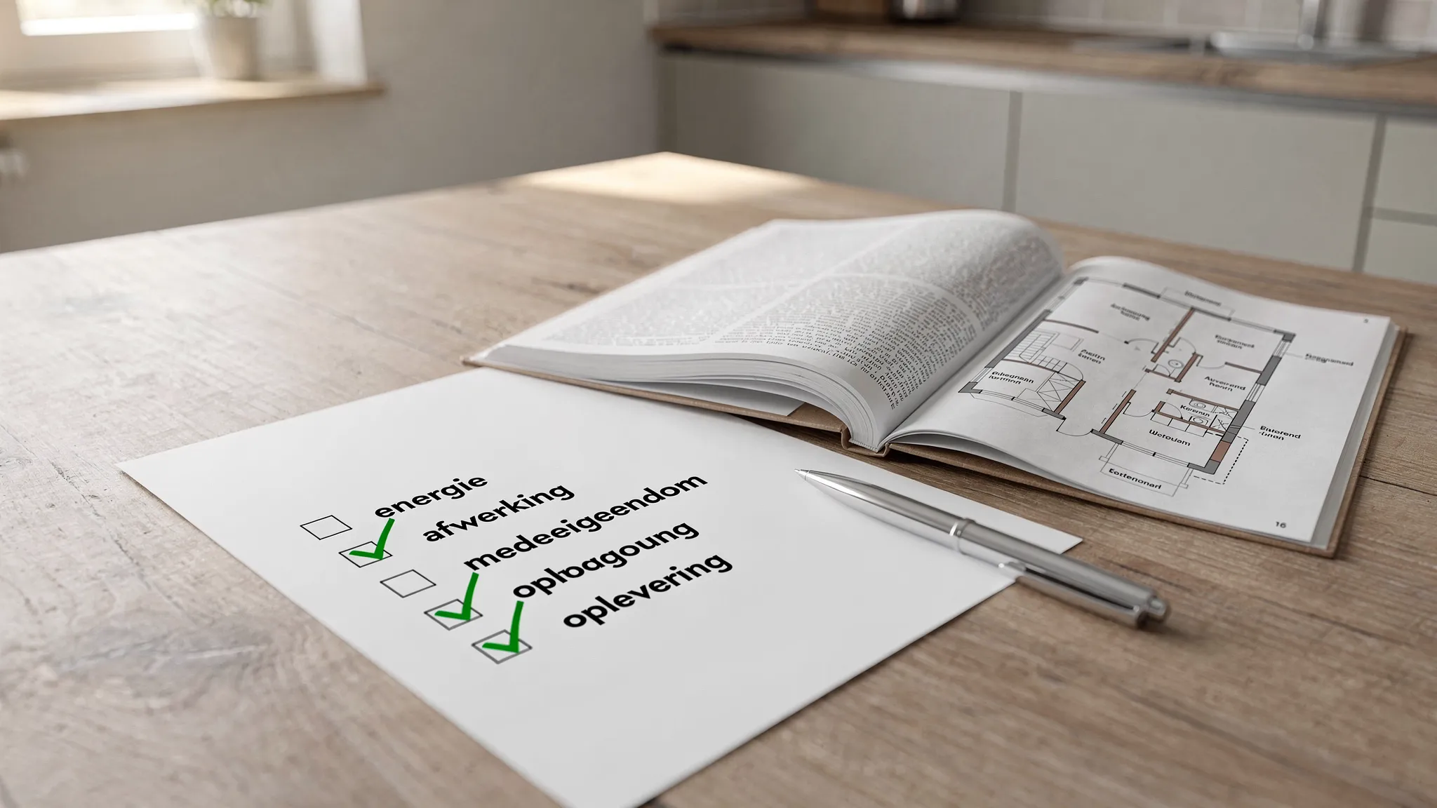 Overzichtelijke checklist op papier op een keukentafel met een lastenboek, plattegrond en pen, met vinkjes bij energie, afwerking, mede-eigendom en oplevering.
