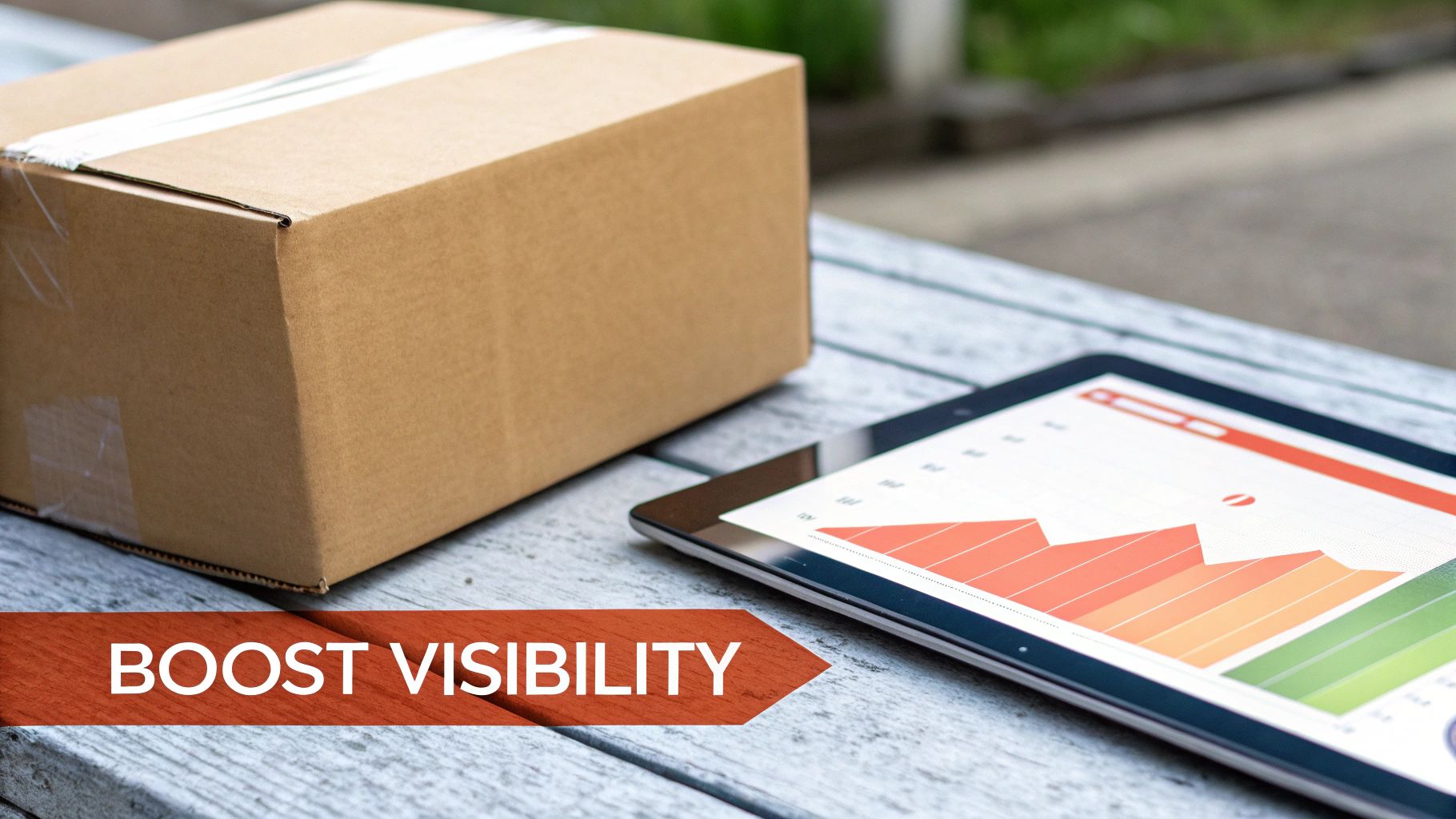 A cardboard shipping box next to a tablet displaying a bar graph, with 'BOOST VISIBILITY' text.