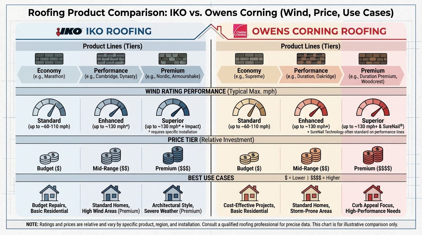 IKO vs Owens Corning product line comparison chart with wind ratings