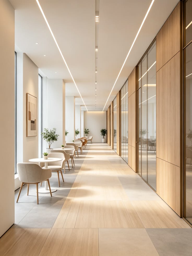 Clean, organized operational office with linear lighting and open workstations