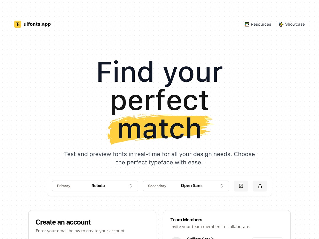 The website homepage showcases a bold headline reading "Find your perfect match" against a clean layout, promoting live typography testing with fonts like Roboto and Open Sans, inviting users to explore diverse typography options featured on uifonts.app.