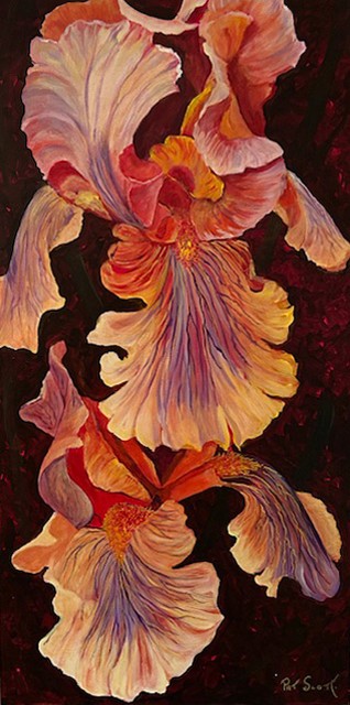 A striking, moody atmosphere emanates from the rich hues of orange, red and purple as the gladiolas loom over a dark background.