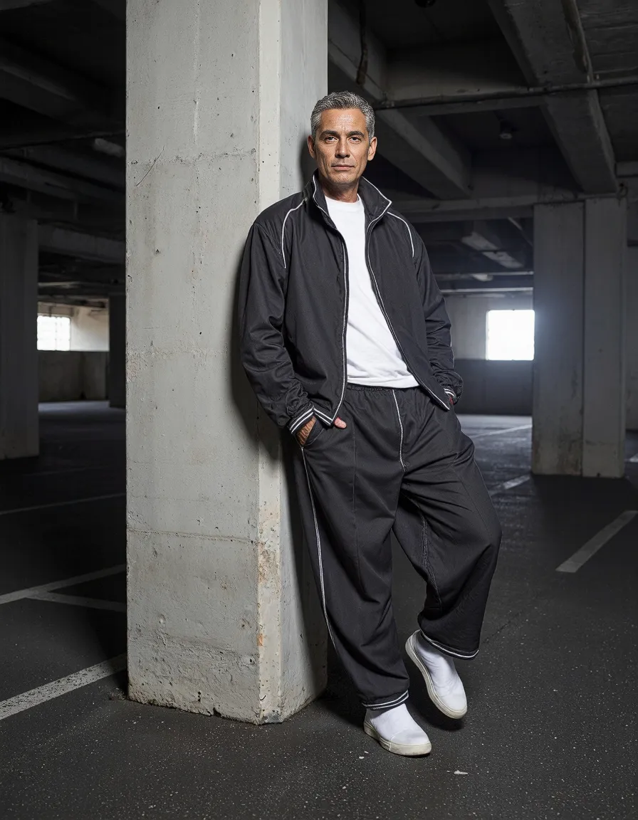 Person in stylish black athleisure outfit with white trim leaning against concrete pillar in industrial parking garage, dramatic lighting