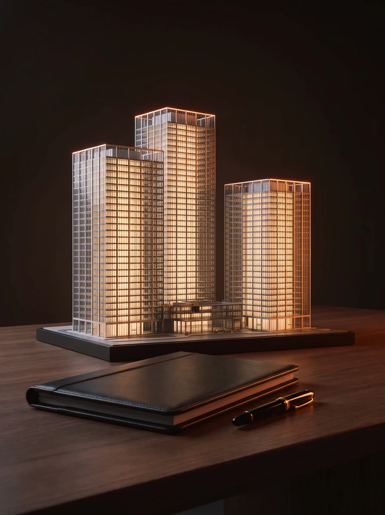 A scale model of office towers beside a leather portfolio