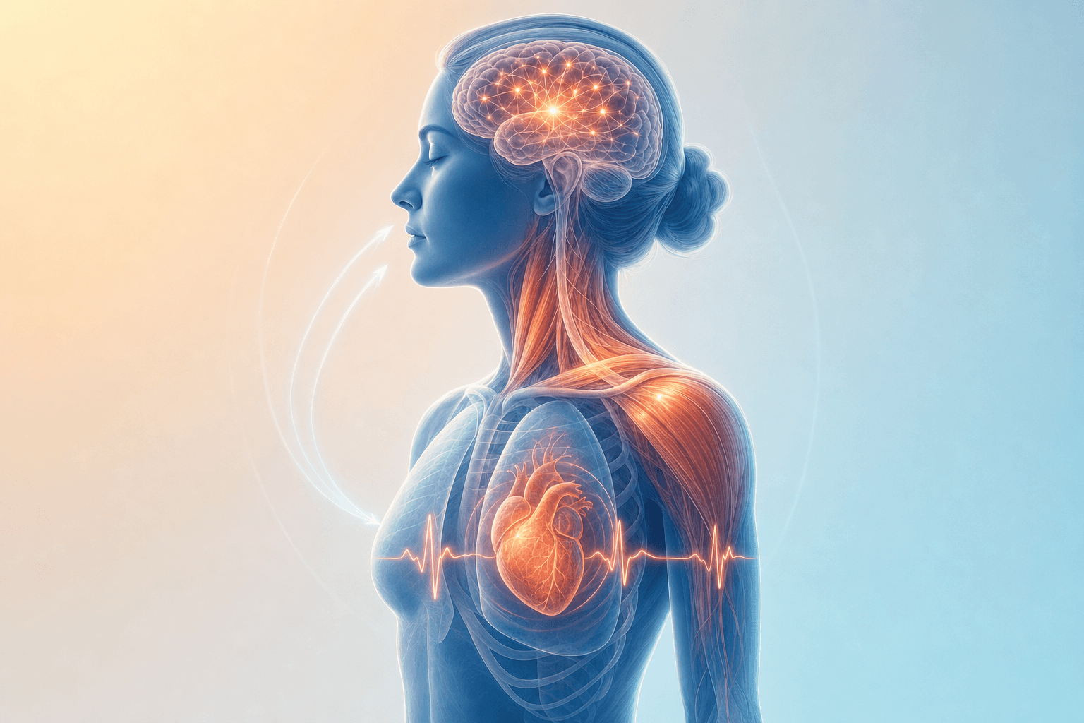 A clean, medical illustration showing a human silhouette in profile with internal physiological anxiety responses visualized: racing heart with visible heartbeat lines, tense muscles highlighted in the shoulders and neck, shallow breathing in the chest area, and subtle neural activity in the brain region. Use a calming blue and soft orange color palette against a gentle gradient background. Modern, scientific style with anatomical accuracy but simplified for clarity, showing the body's physical response to anxiety without any threatening imagery.